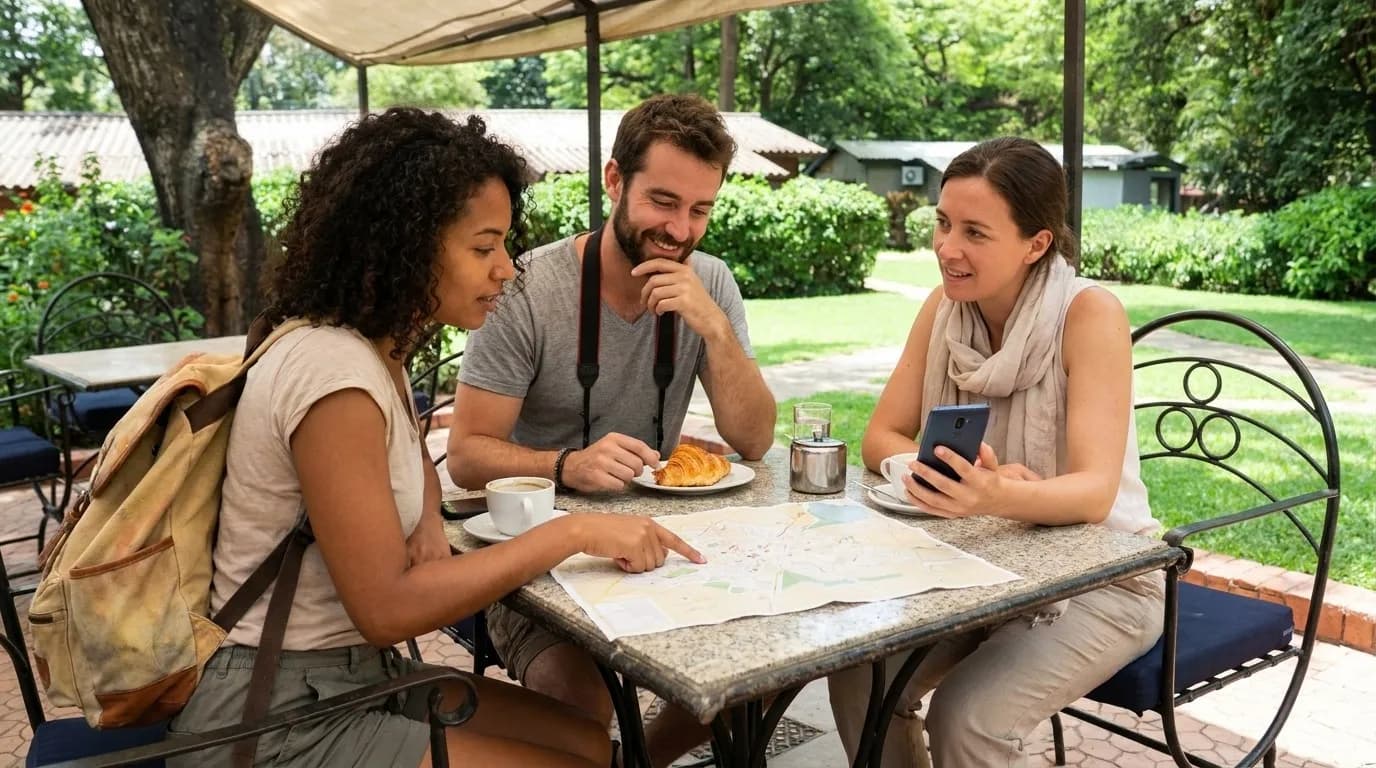 A traveler reviewing a practical neighborhood plan outside a café after dictating preferences