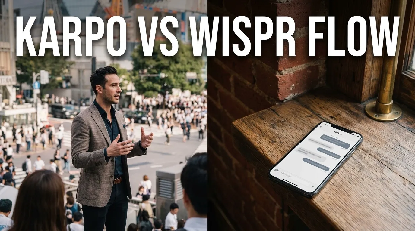 A mobile professional dictating at a café beside one Karpo phone in a photorealistic Karpo versus Wispr Flow comparison