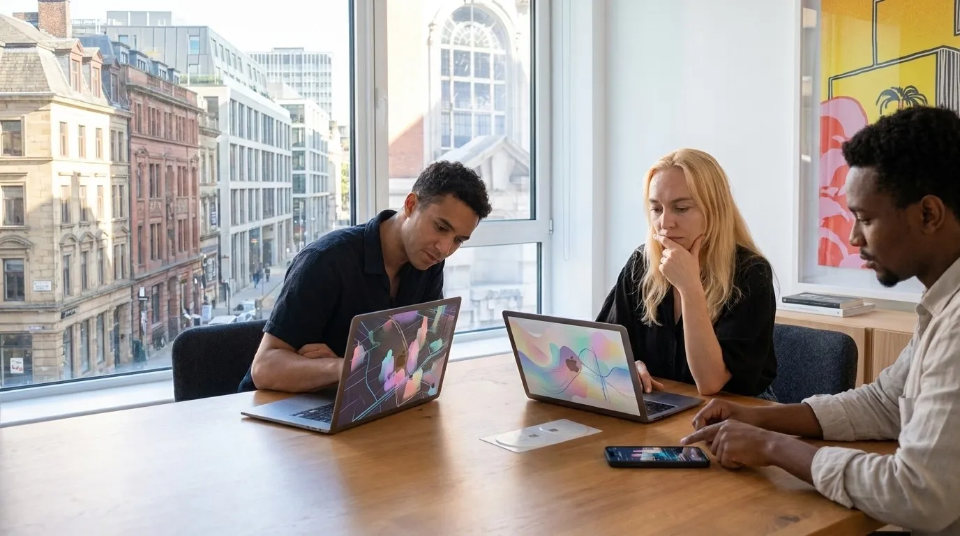 A photorealistic, text-free Karpo versus Wix AI Website Builder comparison scene