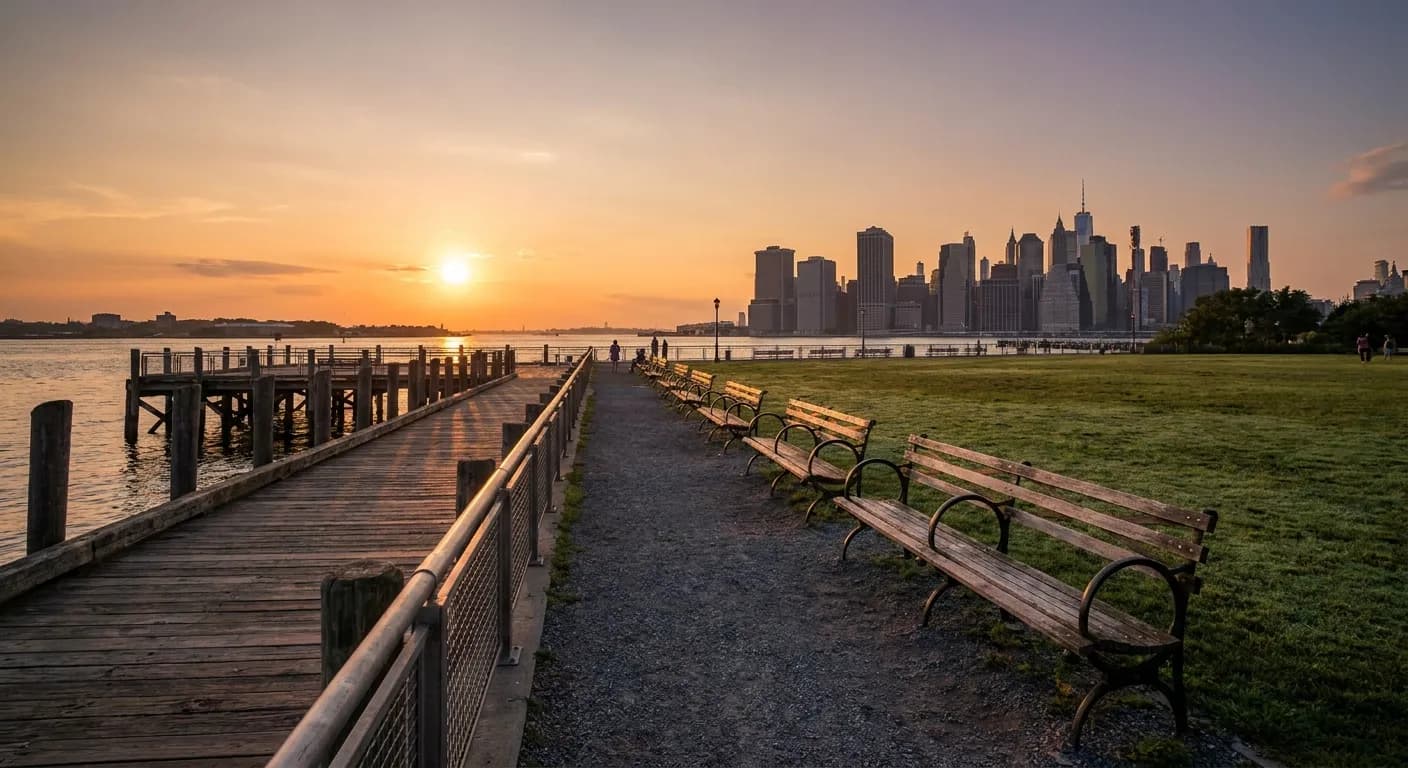A quiet Greenpoint waterfront park with benches, pier access, grass, and Manhattan skyline views.