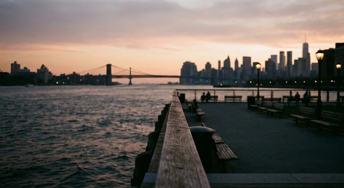 A Brooklyn pier railing with East River water and the Manhattan skyline in soft evening light.