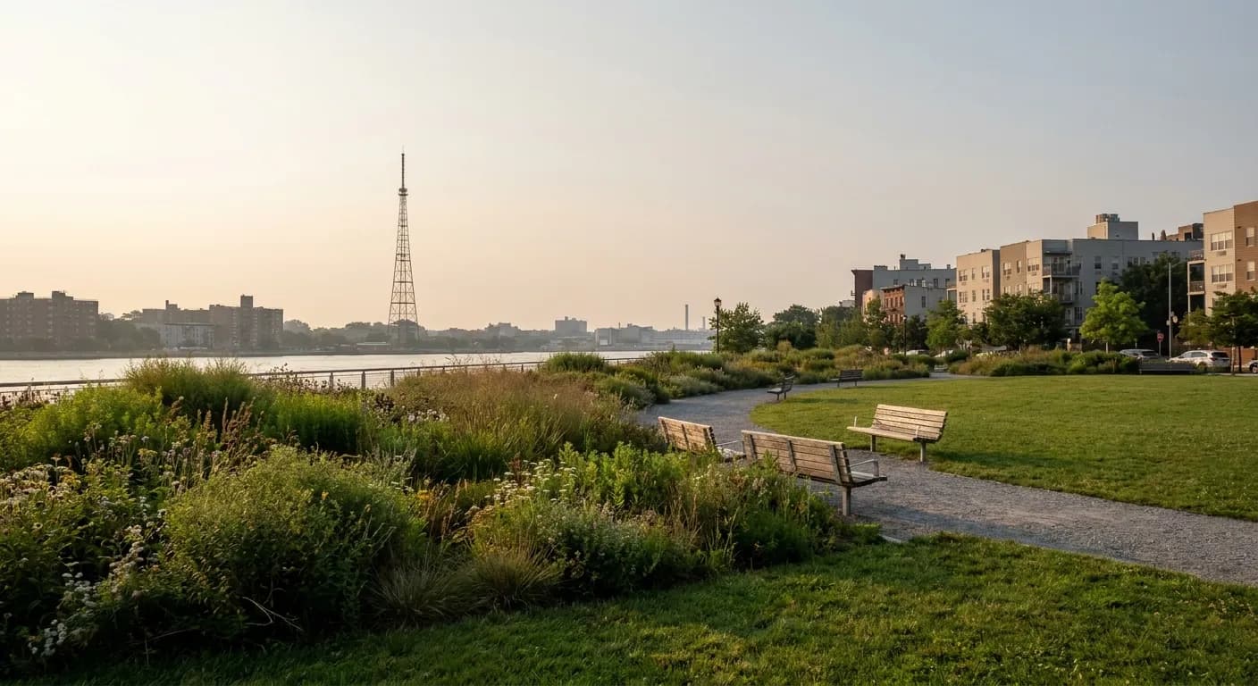 A quiet Greenpoint park path with lawn, native plantings, benches, and a waterfront neighborhood feel.