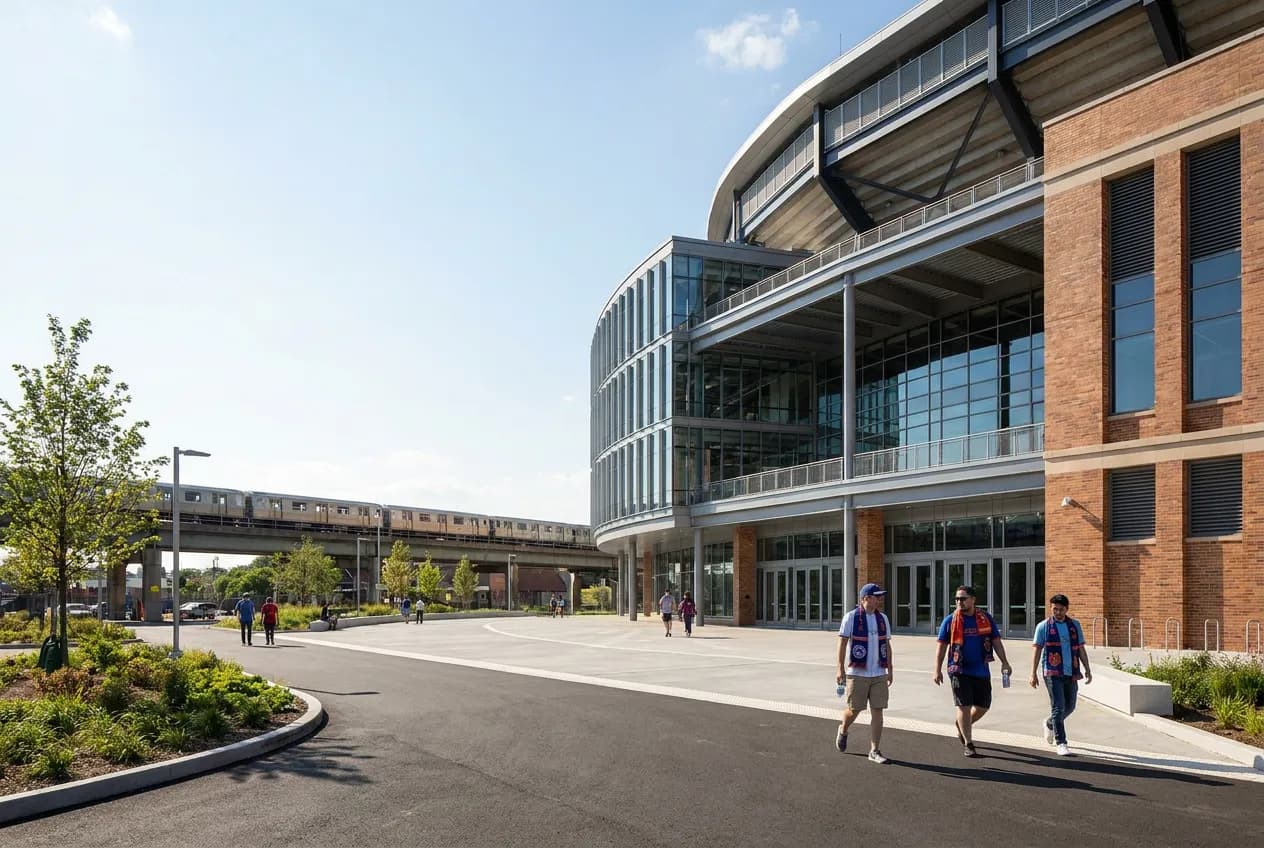 A sleek new soccer-specific stadium exterior in the Willets Point sports corridor in Queens on a bright day with fans arriving