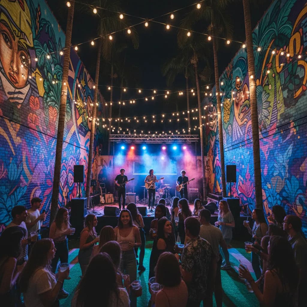 Band playing on an open-air courtyard stage in Wynwood at night surrounded by large street-art murals and a young crowd
