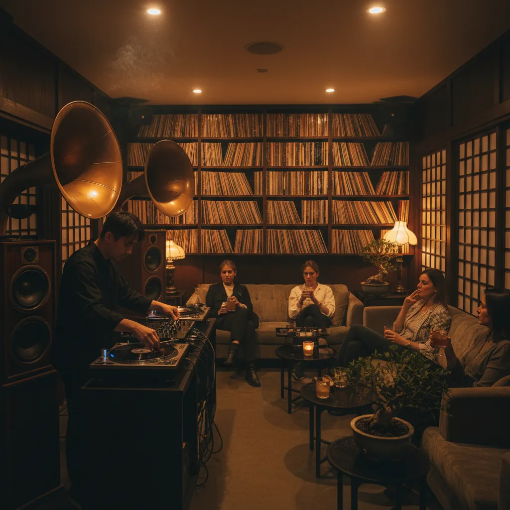 Dim vinyl listening bar with a wall of records, vintage horn speakers and a DJ cueing a record for seated guests