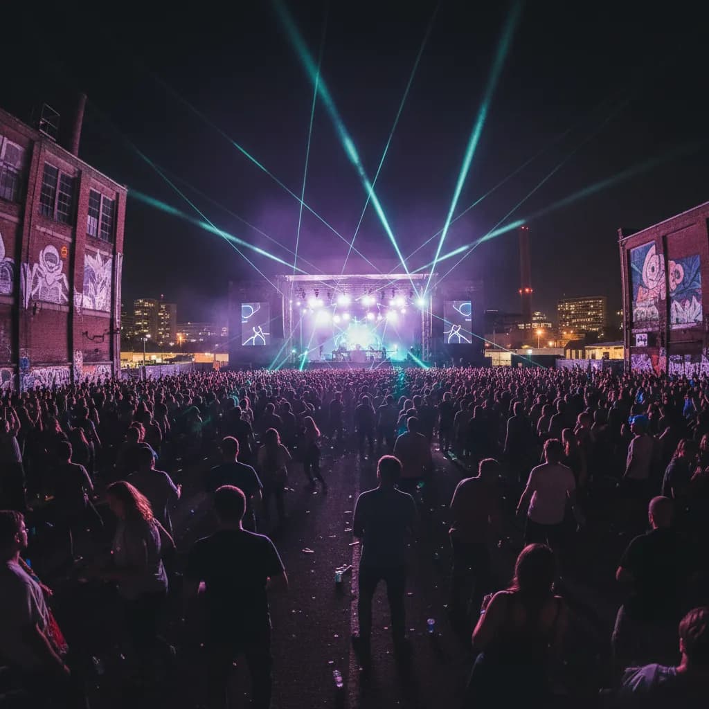 Festival crowd dancing at night before a large stage with purple and teal lights in an urban warehouse district