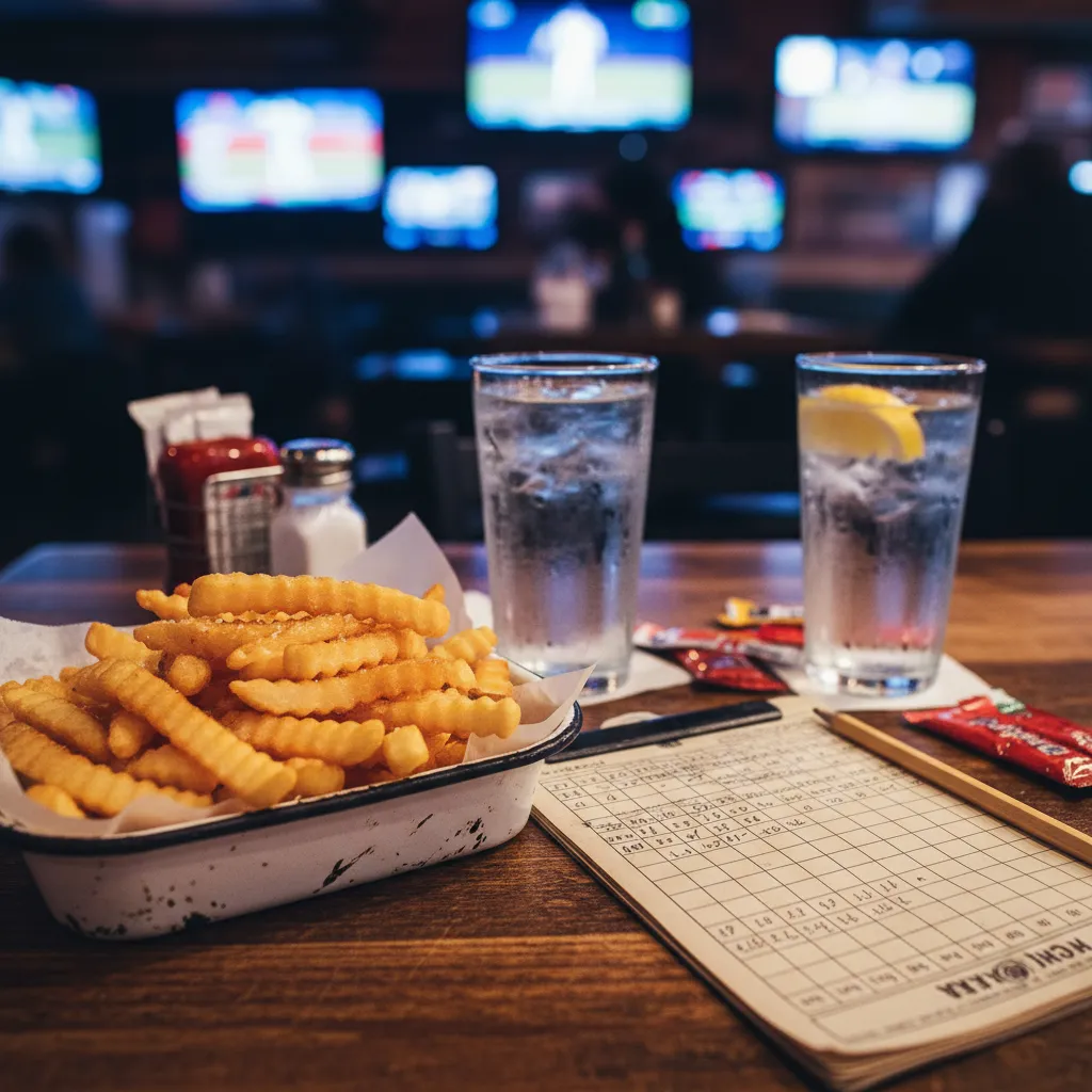 Fries, scorecard, and drinks on a sports-bar table with baseball screens blurred in the background.