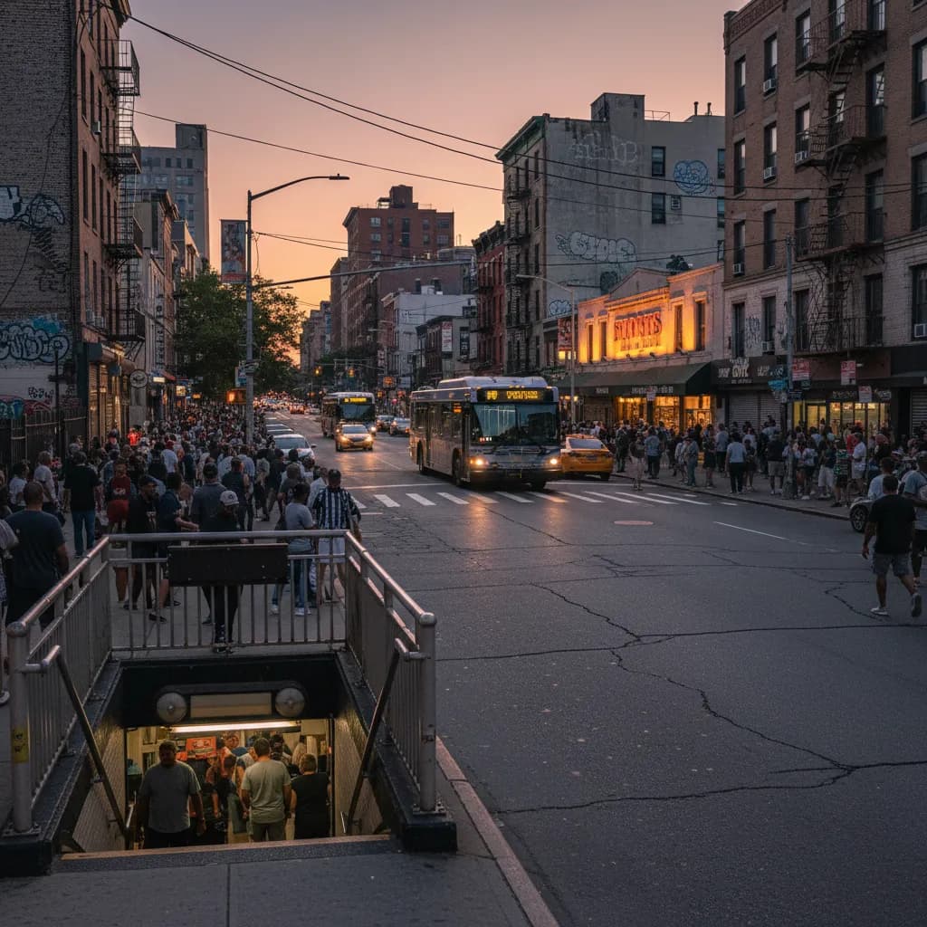 A Bronx street near a subway stop and ballpark area at summer dusk with sports-bar glow nearby.