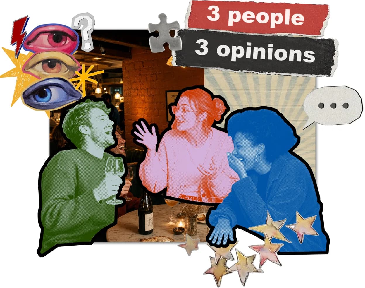 Collage of three friends with different opinions sharing dinner together