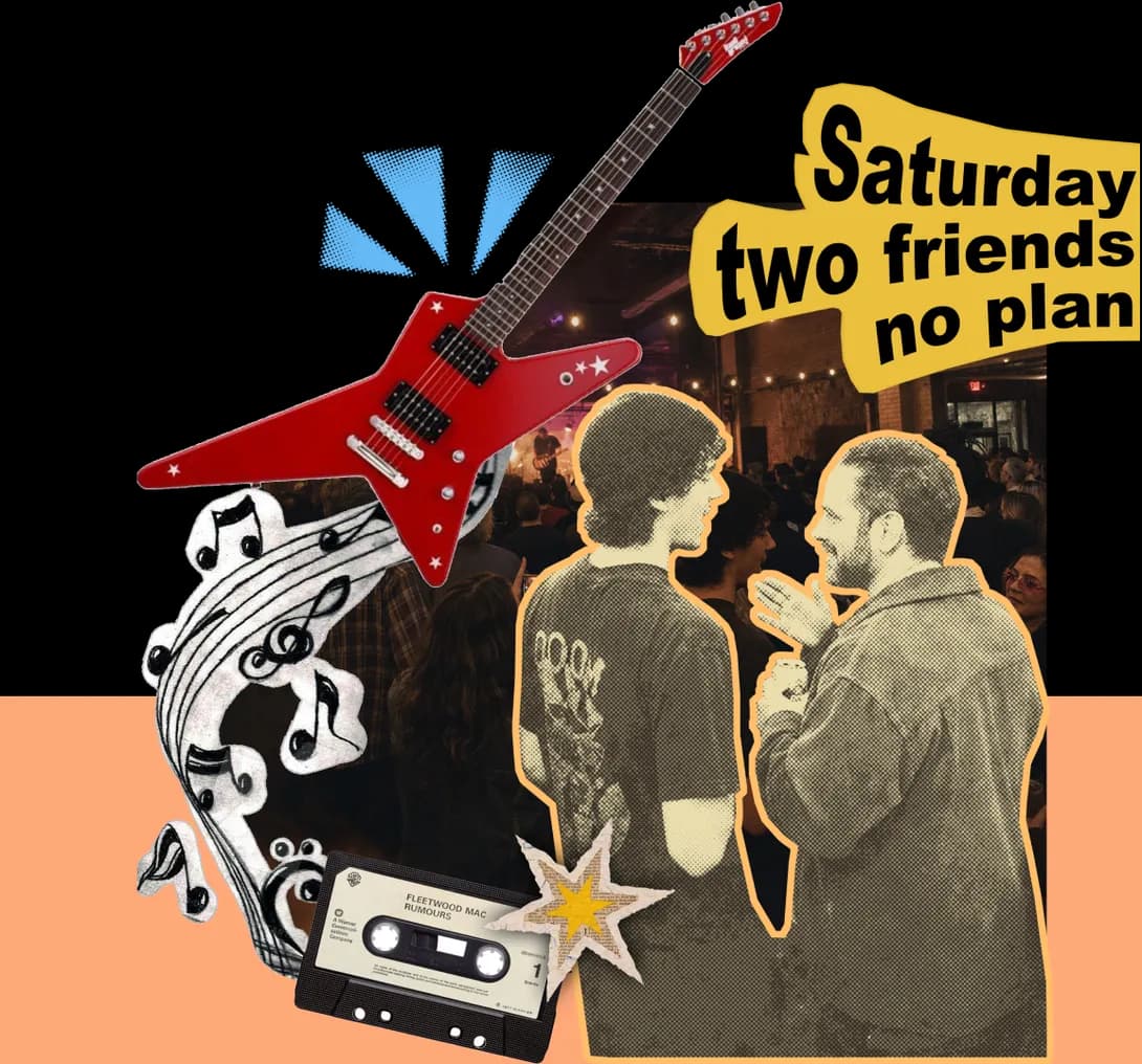 Collage of two friends at a Saturday pop-up show with a guitar and mixtape