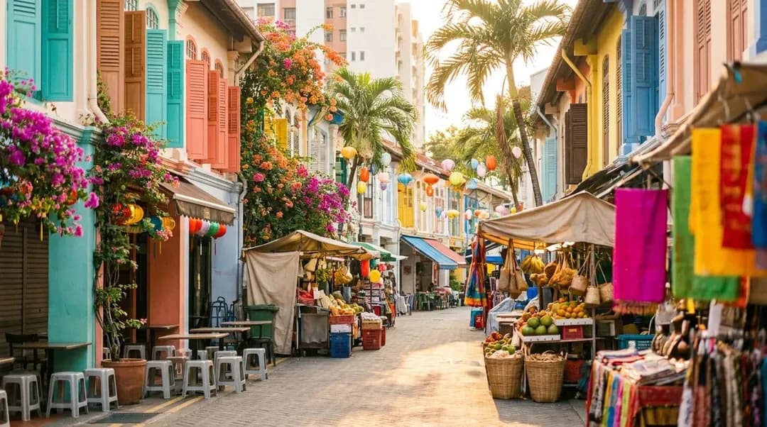 Bright sunny Bugis street scene with pastel shophouses and golden tropical light on a weekend afternoon.