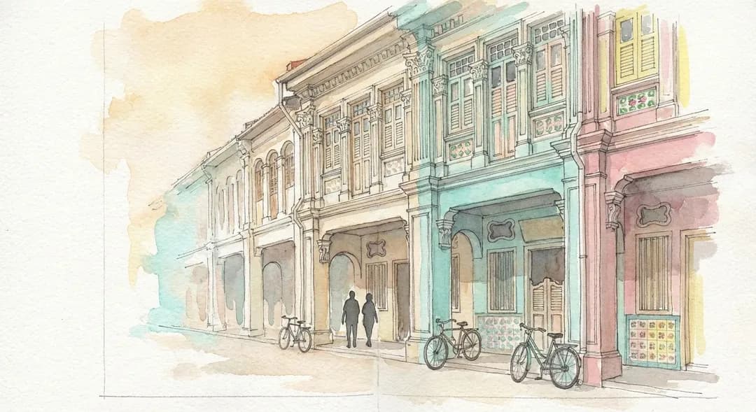 Restored Peranakan shophouses on Koon Seng Road, Singapore, in turquoise, pink, and pale yellow