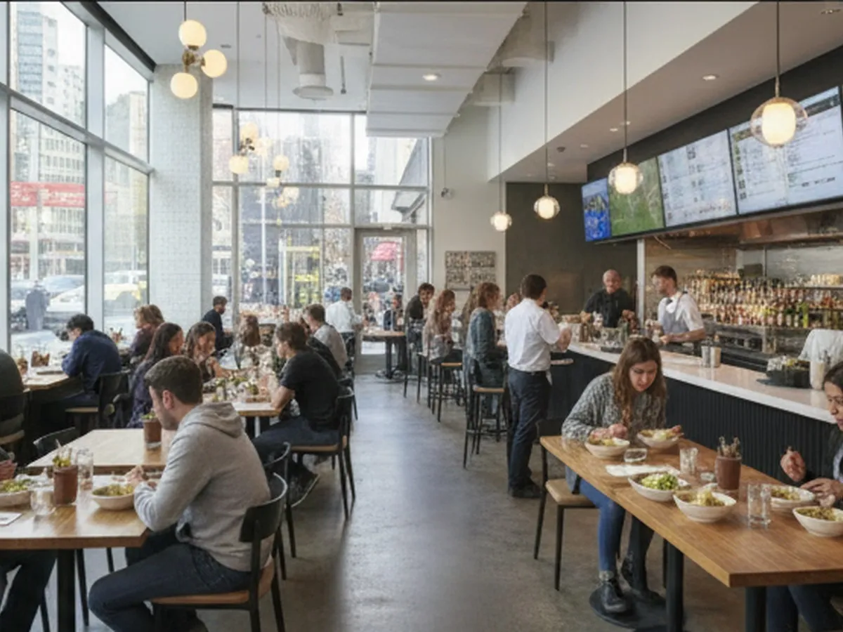 Inline image one: Interior of a bright, modern NYC fast-casual restaurant with large windows showing city buildings outside, a mixed group of young adults ordering at the counter, and simple, generic food trays on tables, no branded packaging or uniforms.