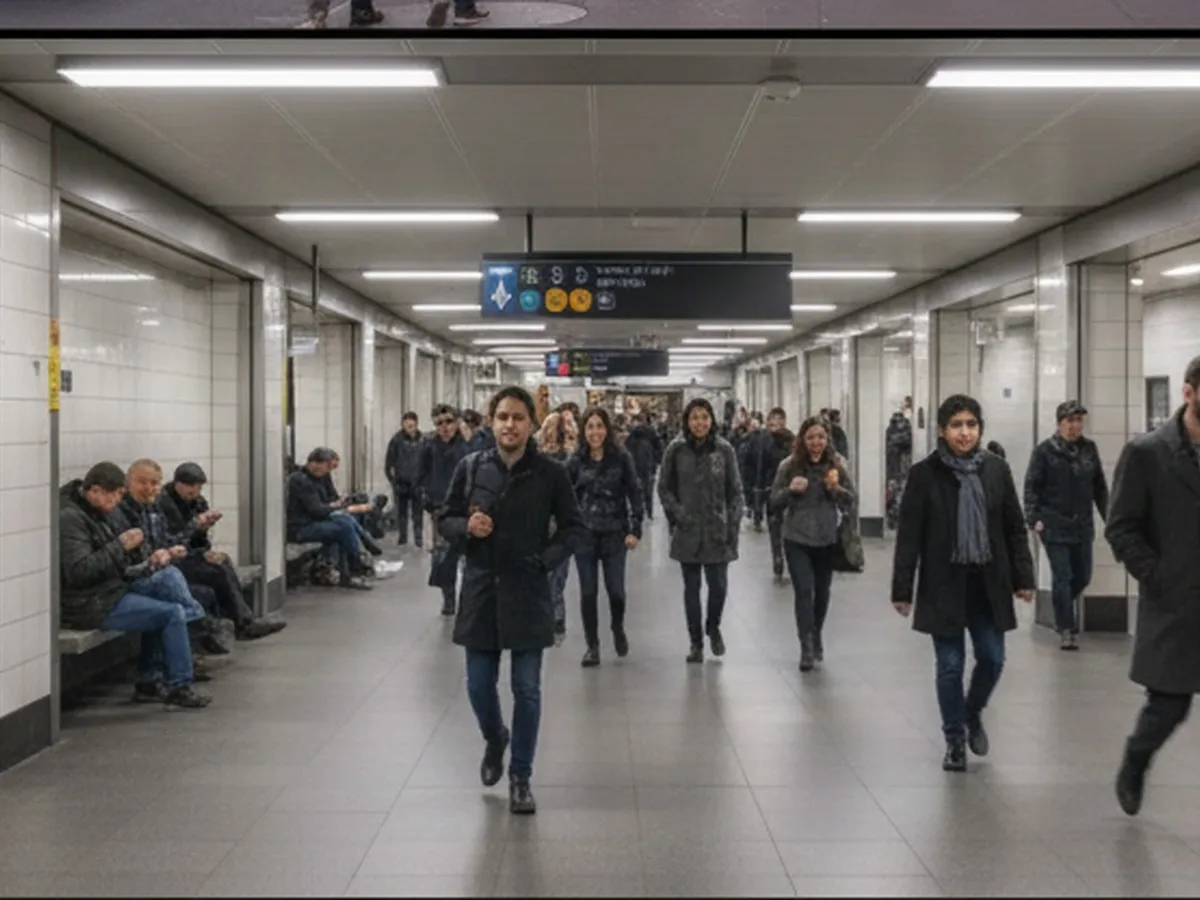 Inline image two: Underground concourse scene in a New York transit hub with commuters walking past generic restaurant fronts, overhead wayfinding signs indicating multiple subway lines, and a seated area with people eating, all signage blurred or unreadable and no logos visible.