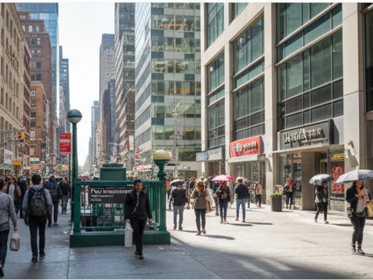 Inline photo one: Daytime scene in Downtown Brooklyn showing a wide sidewalk with commuters, a subway entrance, and several non-branded storefronts, evoking a mix of office workers and students grabbing quick lunches in an urban setting.