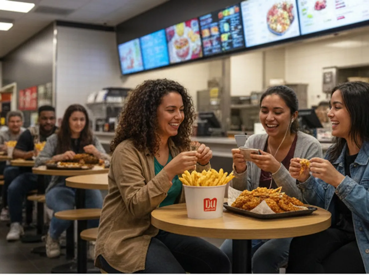 Inline one: Daytime view inside a bright, casual NYC fast-food restaurant with diverse young adults at small tables, some sharing a bucket of fried chicken and others checking their phones, with a generic counter and menu boards softly out of focus in the background.