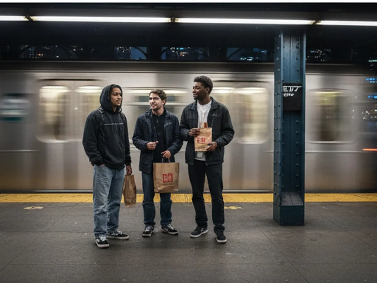 Inline two: Nighttime subway platform in Brooklyn with a small group of friends in streetwear holding takeout bags, an arriving train blurred in motion, and city lights visible beyond the station, photographed with realistic lighting and gritty urban detail.