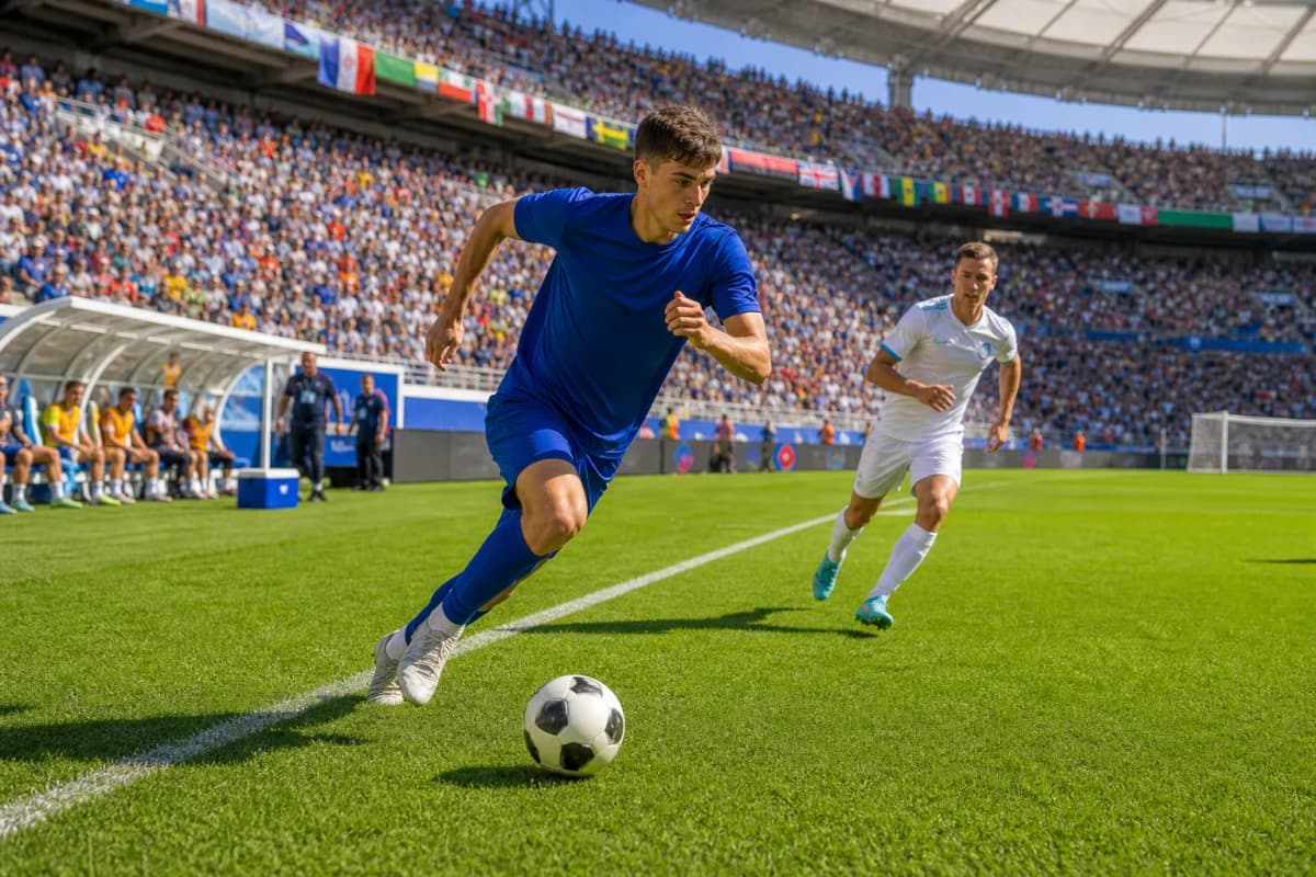 Generic winger sprinting down a bright World Cup-style touchline, not a rear-view crowd
