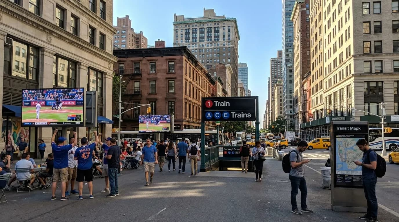 Mets vs Braves: NYC Watch Plan With Calm Transit Backups — photorealistic New York City editorial scene