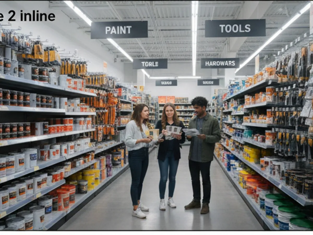 Inline image one: Interior of a busy home improvement store near New York City, showing neatly stocked aisles of tools and paint, a diverse group of young adults comparing products, and clear wayfinding signs, lit by bright overhead lights.