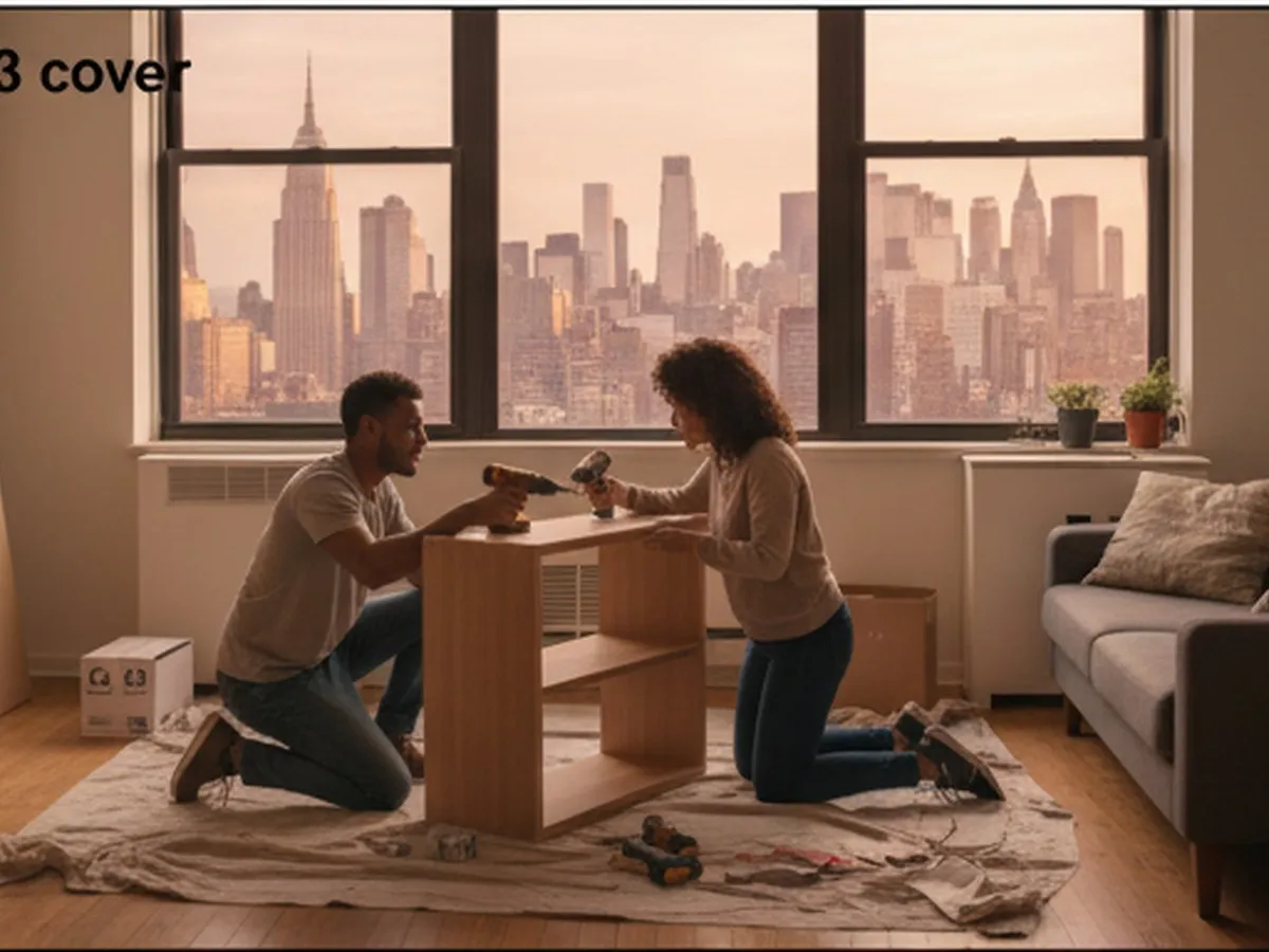 Inline image two: A compact NYC apartment living room mid-renovation, with drop cloths, a couple assembling shelving using tools and supplies, cardboard boxes labeled with store names turned away from the camera, and a skyline visible through the window at dusk.