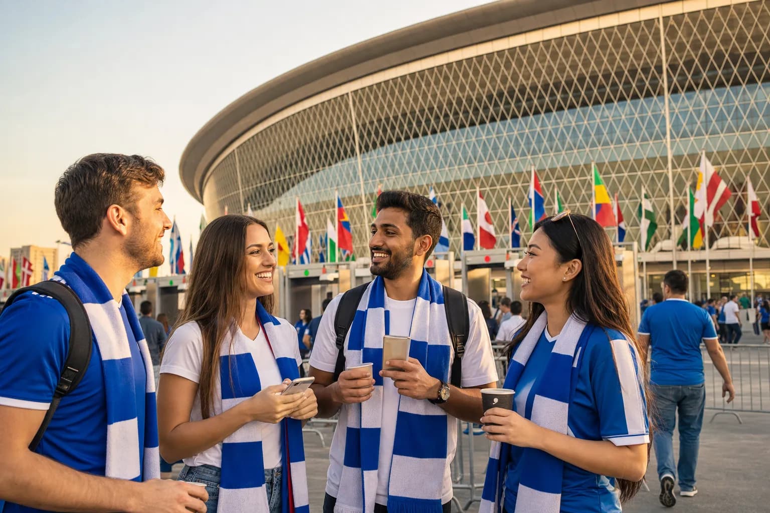 Modern stadium exterior with fans planning before kickoff, front and side view