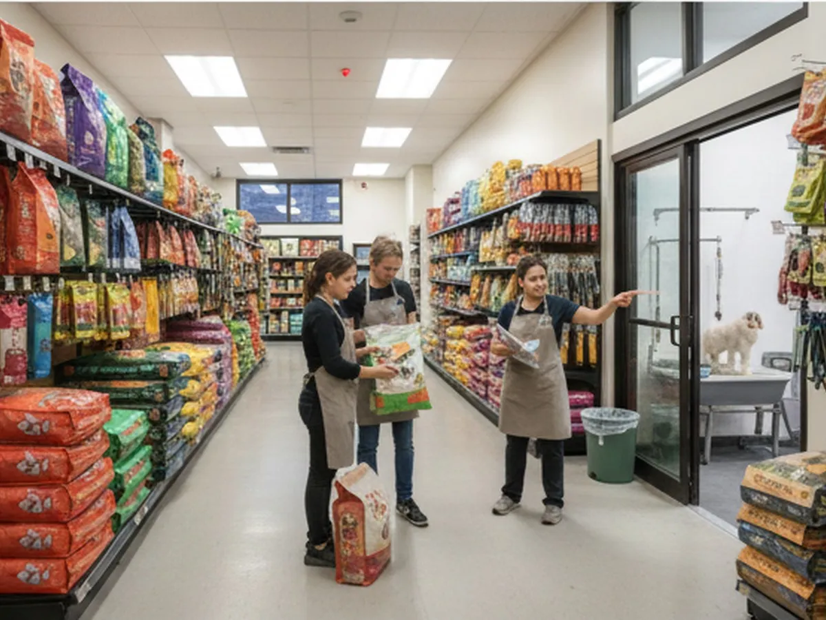 Bright interior of a large pet store aisle in Queens, stocked with food bags, litter, and toys; a young couple compares dog food while a staff member advises a customer near the grooming salon doors, with fluorescent lighting and visible city street through front windows.