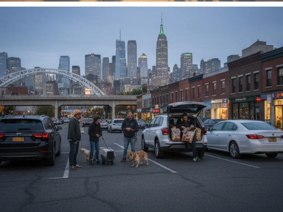Evening exterior near Sunset Park, Brooklyn, showing a parking lot beside low-rise retail buildings; a small group of pet owners load supplies into rideshare trunks while another person holds a cat carrier, with the distant Manhattan skyline and a lit-overhead highway hinting at NYC context.