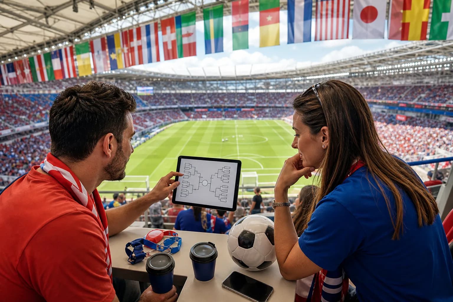 Stadium interior with fans studying a live bracket on a tablet