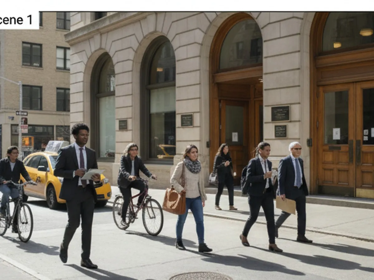Photorealistic street-level NYC editorial scene outside a Lower Manhattan legal services office on a weekday morning, diverse adults holding folders and phones, yellow taxi and cyclists passing, natural light, no readable signage, no logos.