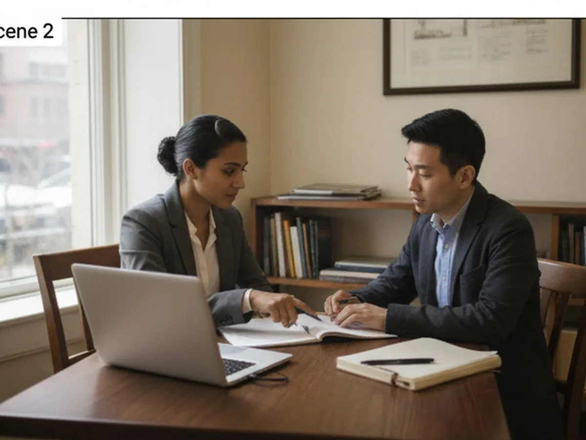 Photorealistic interior of a small Manhattan consultation room with a client and attorney across a table, immigration forms, laptop, notebook, calm professional atmosphere, soft daylight, no branding or readable text.