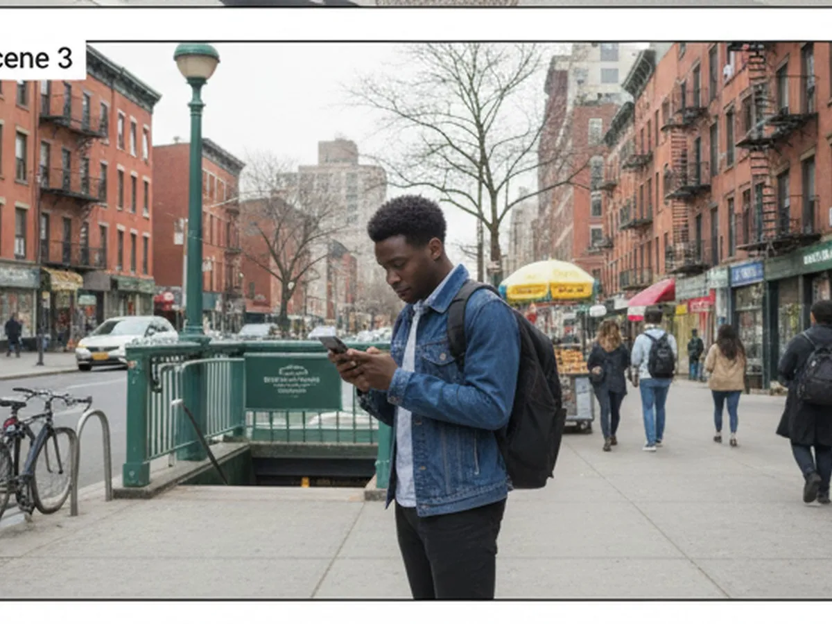 Photorealistic Brooklyn neighborhood transit scene near a subway entrance with a commuter checking a phone for appointment details, mixed-use streetscape, realistic winterless urban daylight, no logos or uniforms.