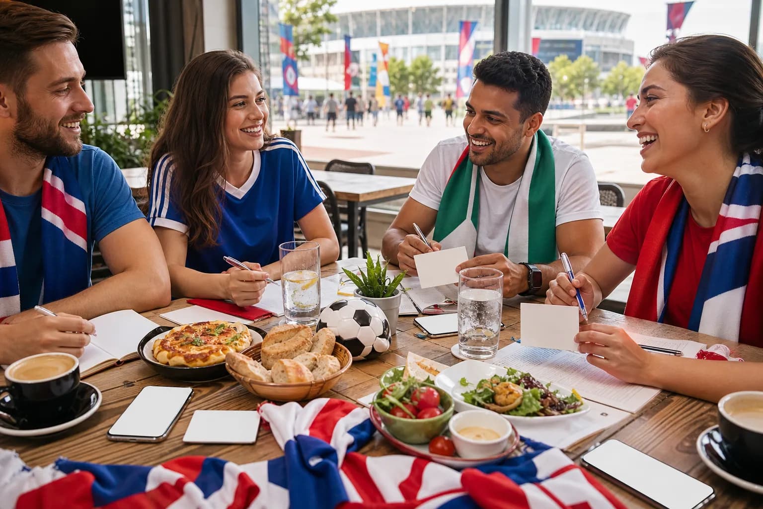 World Cup watch-day dining table with food, phones, and match planning items