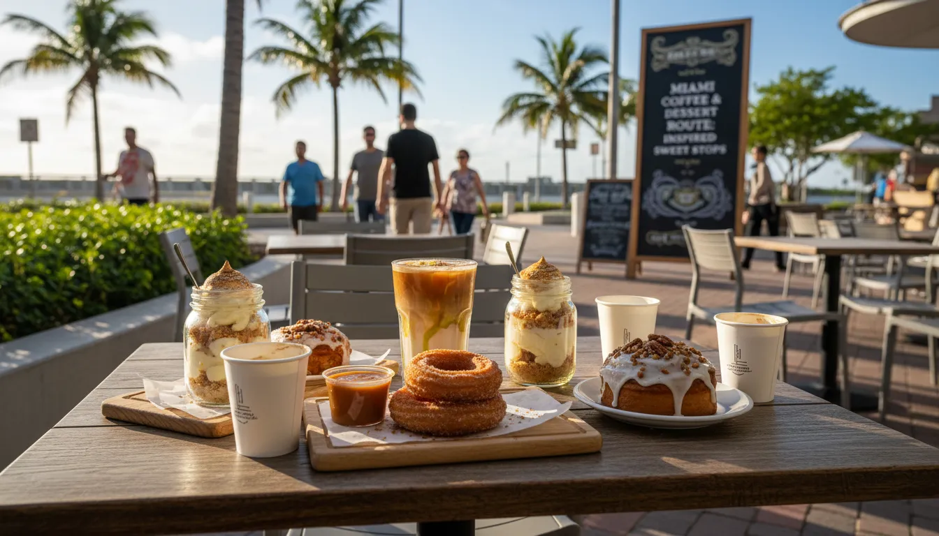 Miami Coffee & Dessert Route: Restaurant Chain Inspired Sweet Stops — photorealistic Miami editorial scene