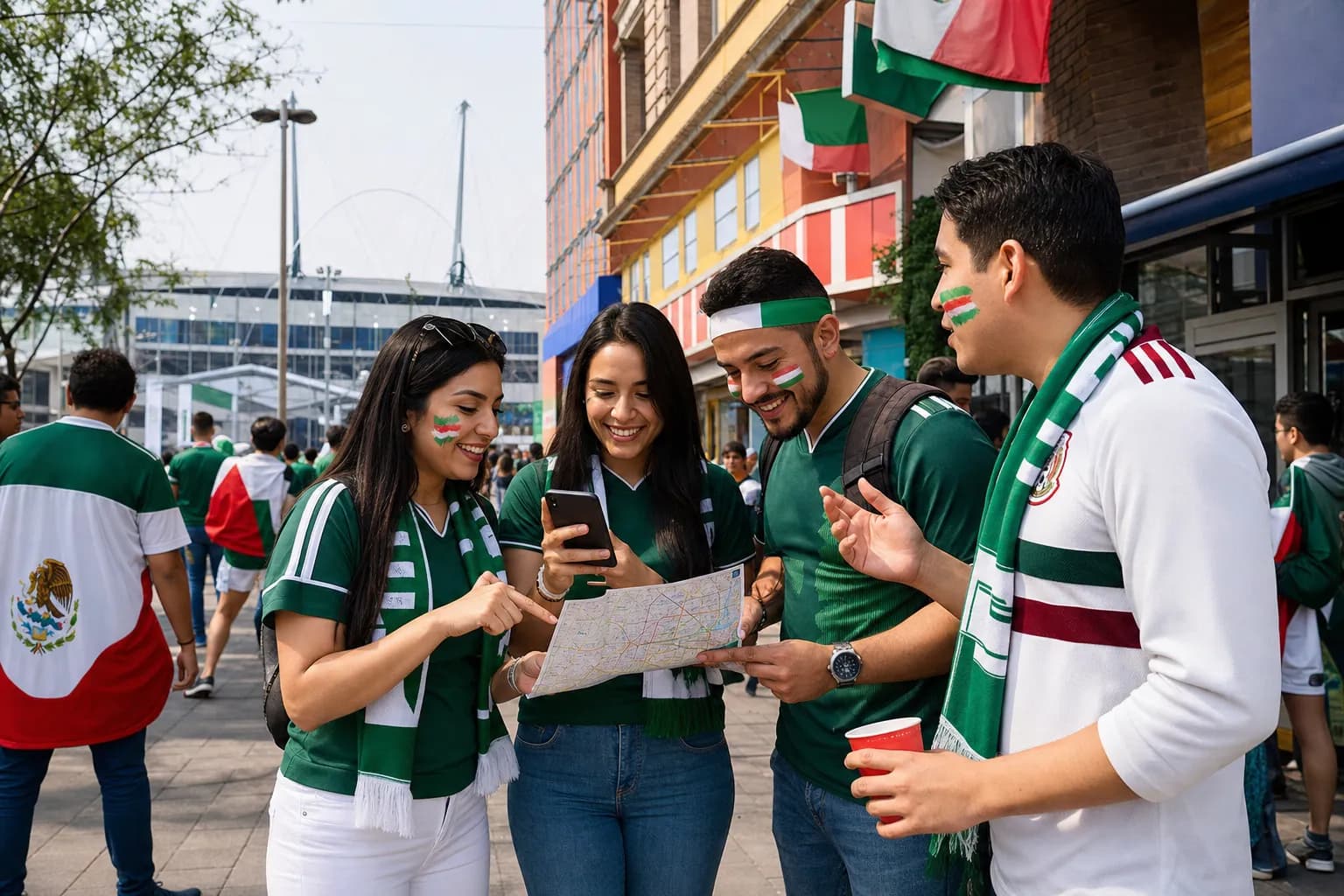 Mexico fans checking a phone and transit map on a bright city street