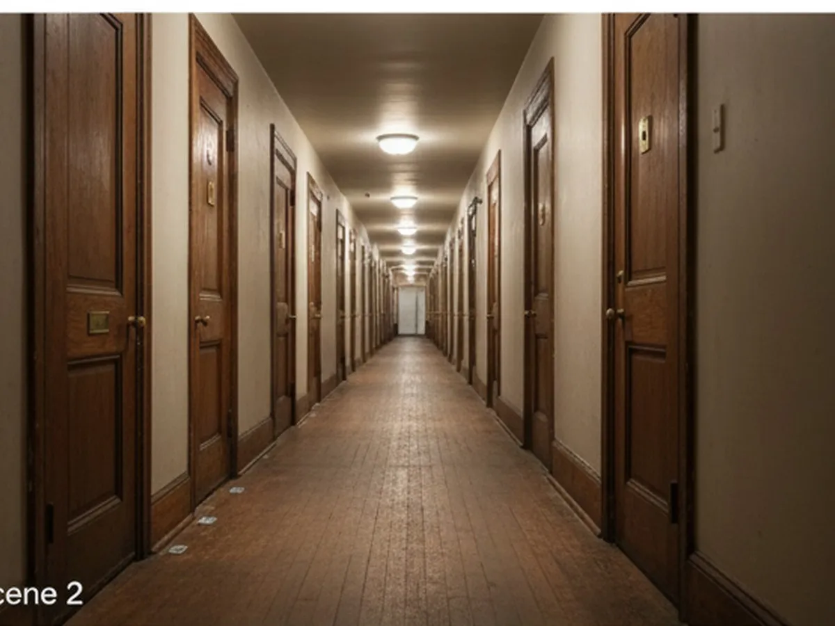 Photorealistic editorial photo of a supersized Manhattan apartment hallway with a maintenance worker placing monitoring traps near a baseboard, apartment doors and worn wood trim visible, natural indoor lighting, no uniforms with branding, no logos or readable text.