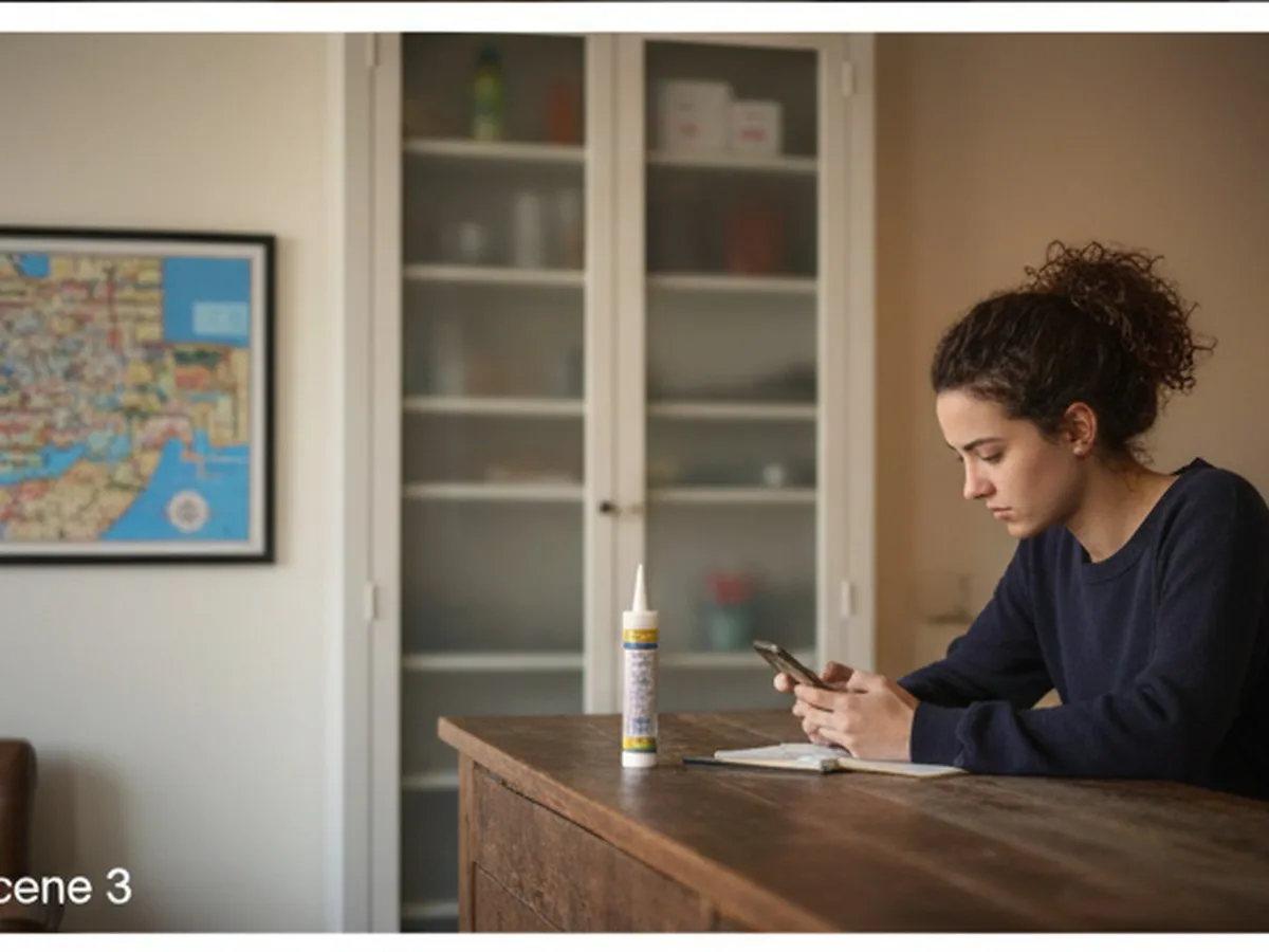 Photorealistic editorial photo of a Brooklyn resident taking notes on a phone beside a sealed pantry and caulk tube on a countertop, transit map blurred in the background, realistic apartment setting, no logos or readable text.