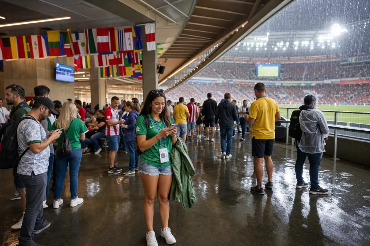 Covered stadium concourse during a rain delay with fans waiting calmly