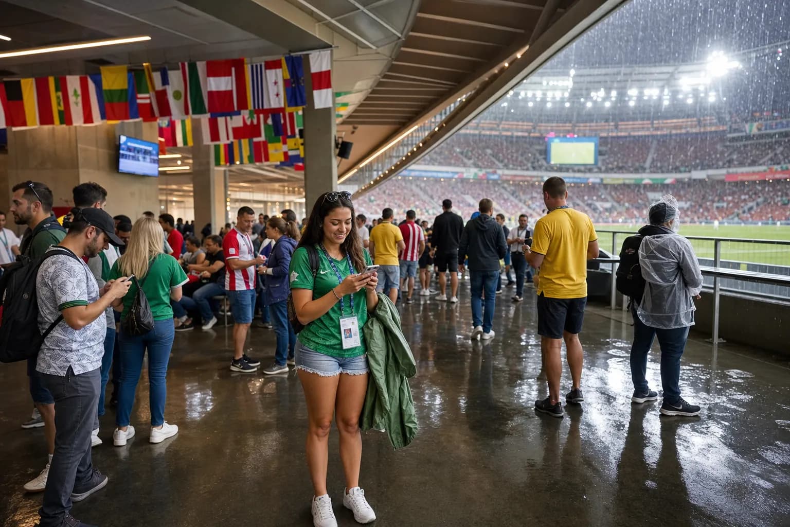 Covered stadium concourse during a rain delay with fans waiting calmly