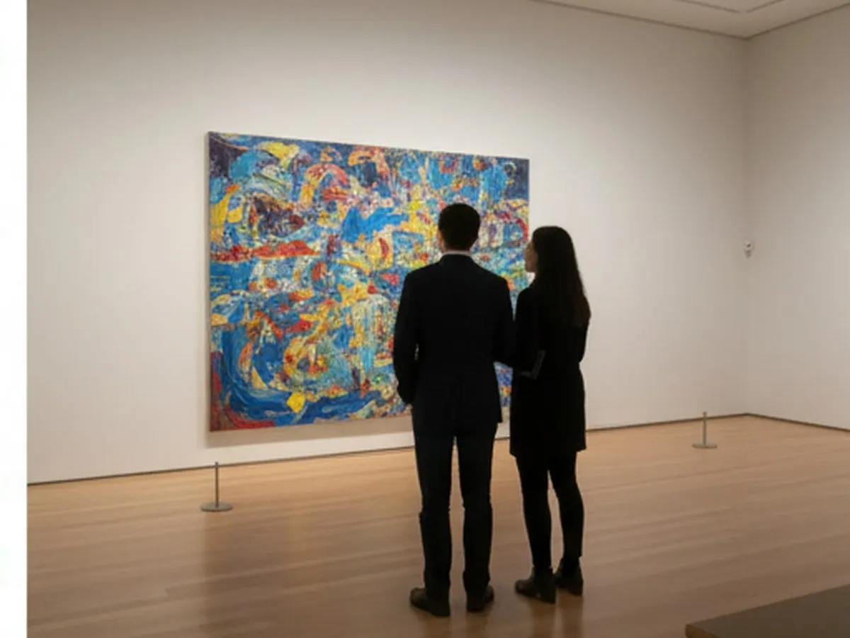 Photorealistic date-night scene inside a modern NYC museum gallery with two adults viewing a large abstract painting at a respectful distance, soft directional lighting, polished floors, contemporary art setting, candid editorial style, no logos or readable text.