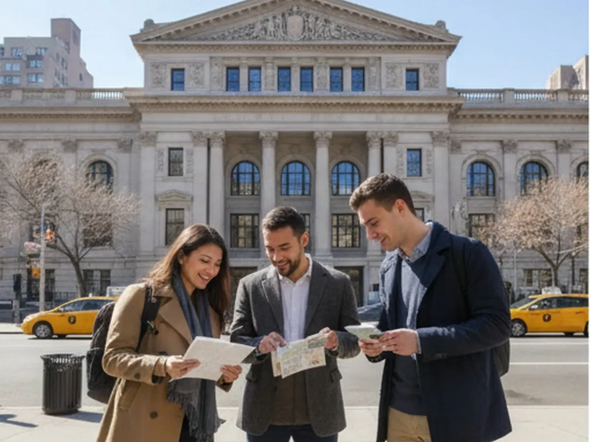 Photorealistic group scene outside a classic Upper East Side museum façade on a clear afternoon, three friends comparing a phone map and paper guide before entering, tree-lined sidewalk, yellow cabs in background, candid NYC street photography, no readable text.