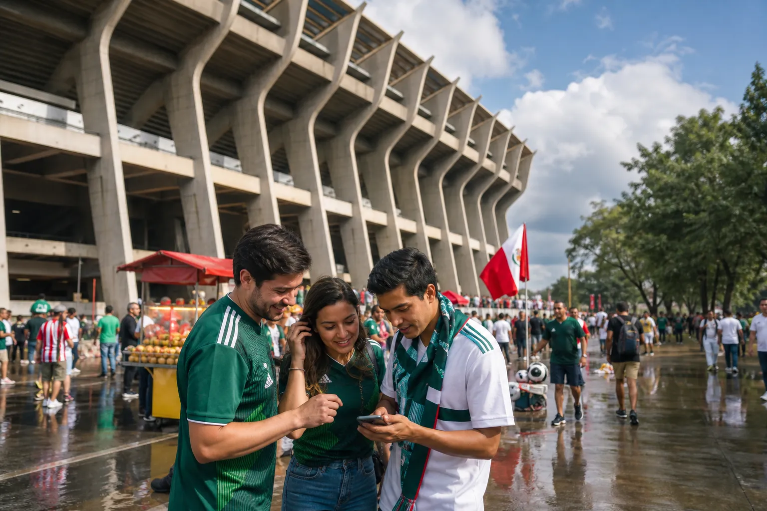 Large Mexico City stadium exterior after rain with fans checking a route