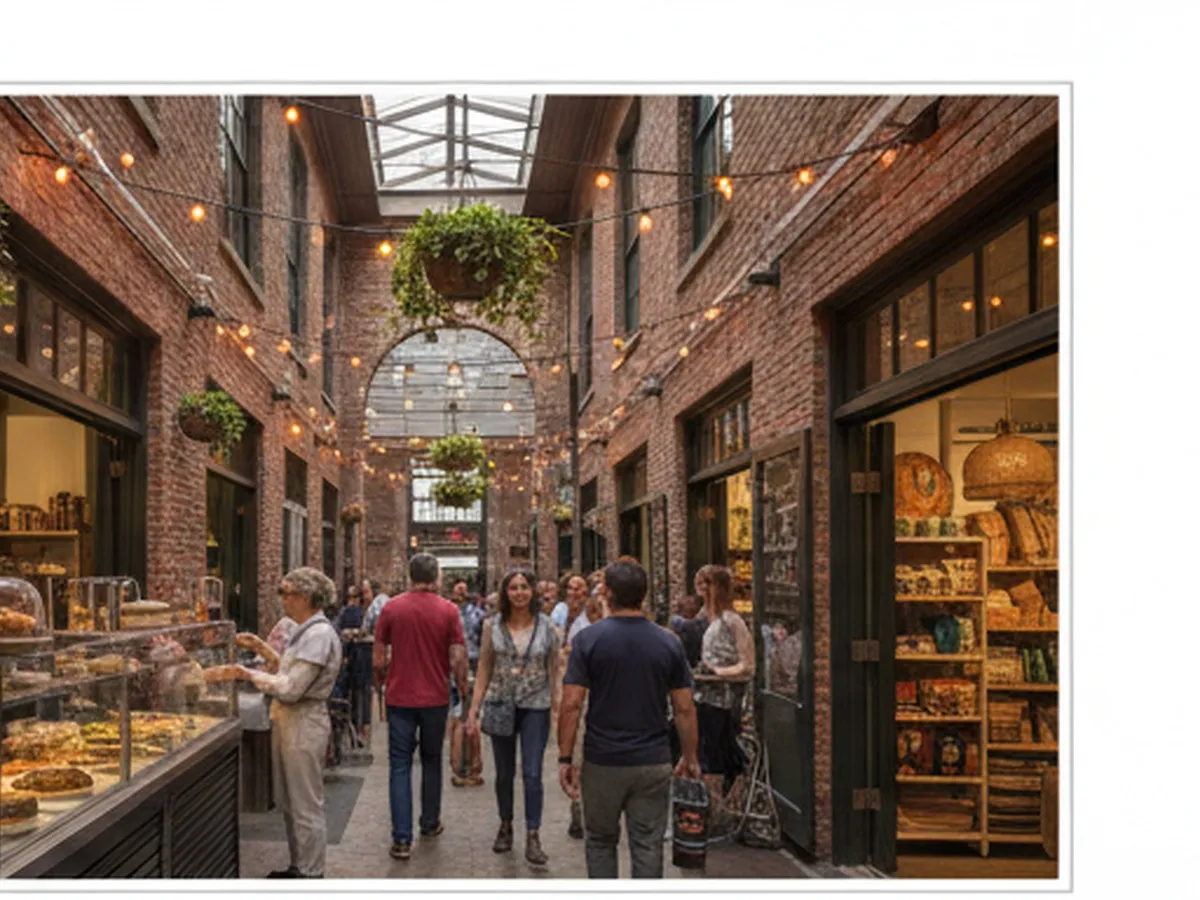 Daytime street-level scene in Chelsea Market: a bustling corridor with exposed brick, string lights, and a mix of tourists and locals browsing bakery counters and small artisan shops, shot from eye level to feel like walking through the market.