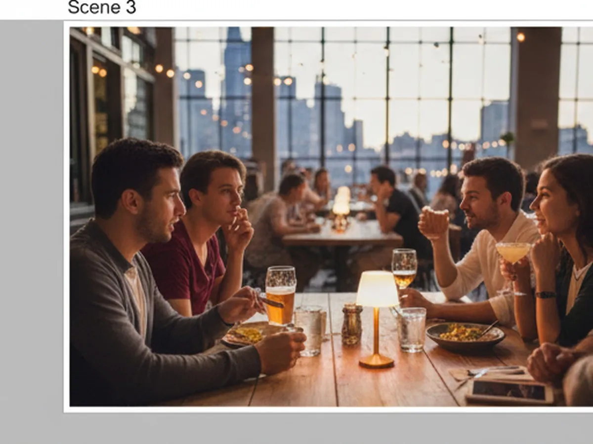 Twilight rooftop image at Pier 17 in the Seaport: couples and friends gathered around outdoor tables with drinks, the Brooklyn Bridge and East River in the background, and warm ambient lighting giving the space a relaxed, date-night atmosphere.