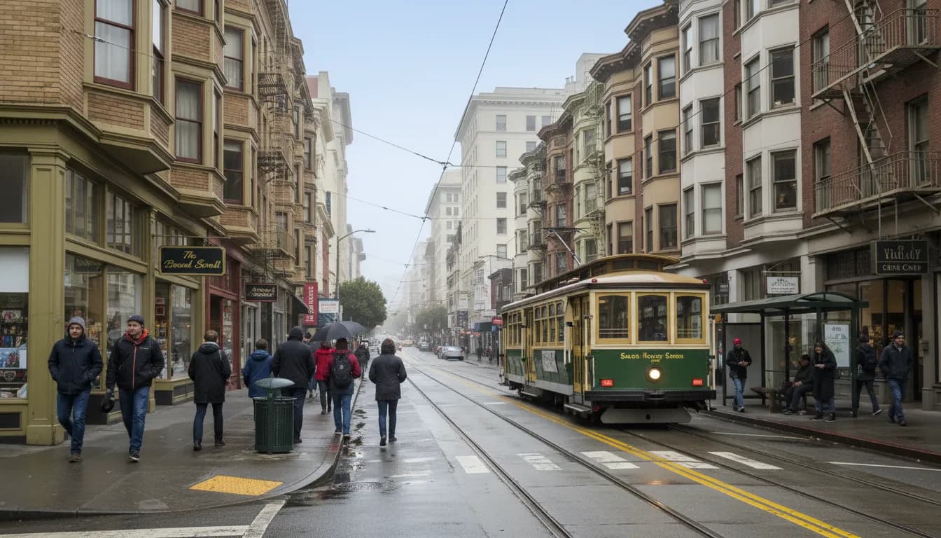 mark ruffalo: SF Weather-Ready Half-Day Plan — photorealistic San Francisco editorial scene
