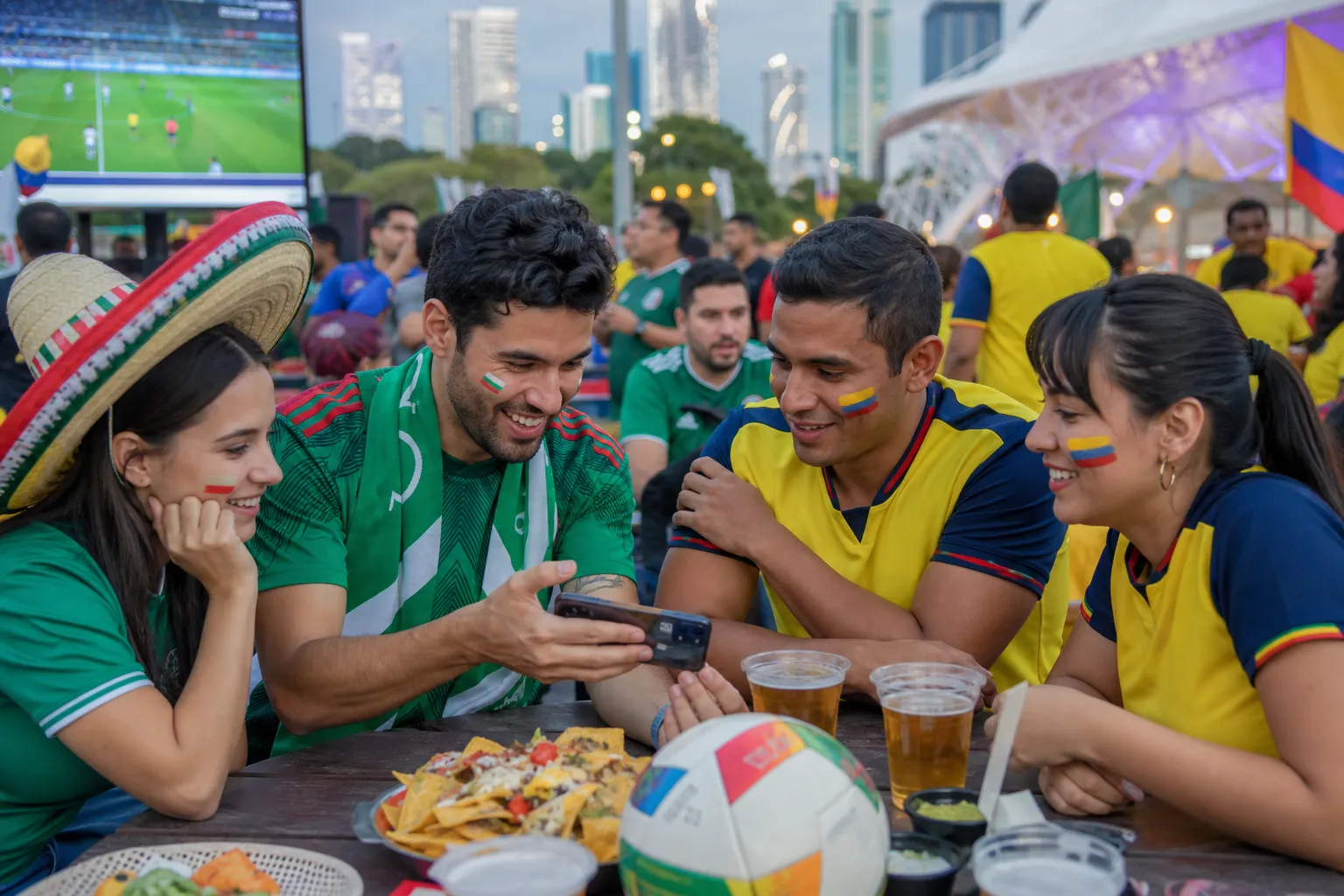 Post-match Mexico and Ecuador viewing table with fans discussing replays