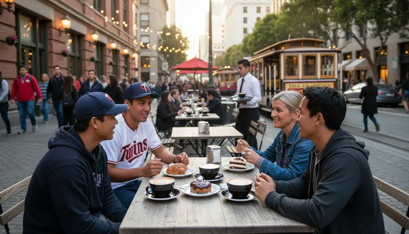 Post-Game Sweetness: San Francisco Coffee & Dessert for Twins vs Royals Fans — photorealistic San Francisco editorial scene