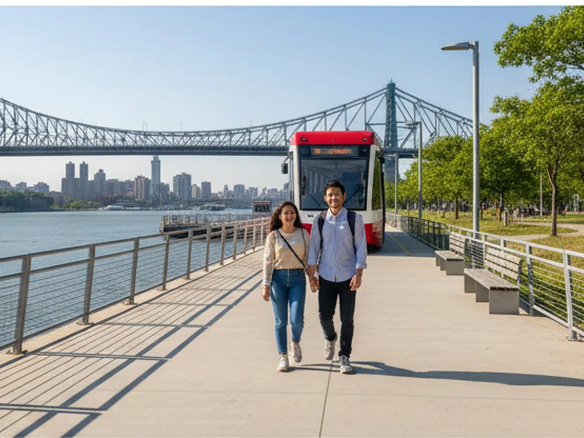 A couple stepping off the tram into a clean Roosevelt Island station plaza, with the East River, Queensboro Bridge, and leafy island paths in the background, candid urban travel photography.