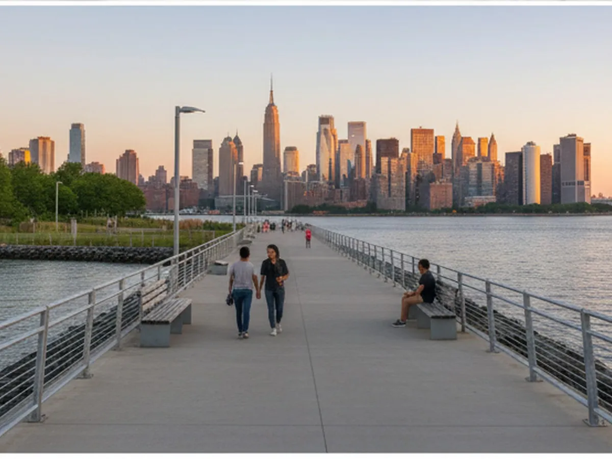 Golden-hour wide shot of the Roosevelt Island waterfront promenade with Manhattan’s skyline glowing across the river, a few pedestrians, benches, and calm water, photorealistic NYC lifestyle image.