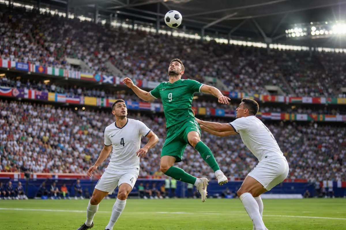 Generic striker attacking a cross in a bright stadium penalty area
